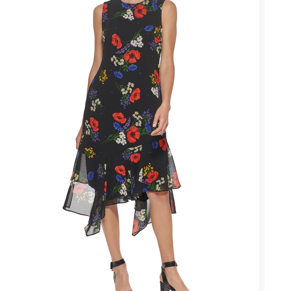 Calvin Klein Black Dress with Red Floral Accents